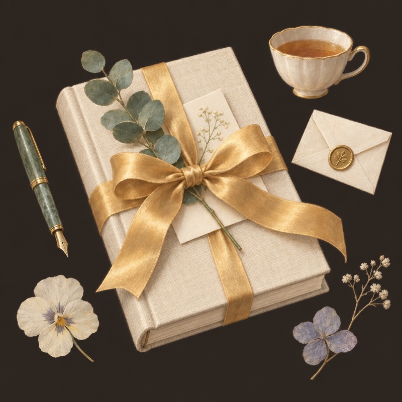 A cream linen diary wrapped in a honey satin bow, with a card, a pen, a sprig of eucalyptus and a sealed envelope around it