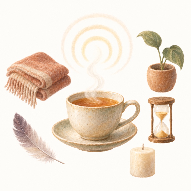 A cup of tea with a slow breath rising from it, a sand timer half run