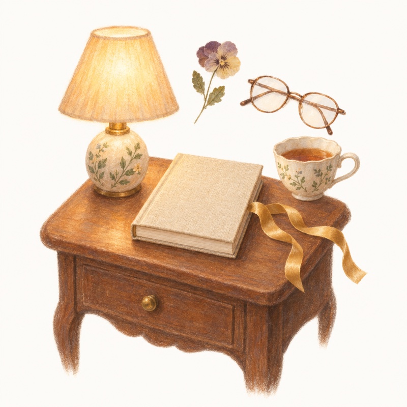 A diary on a bedside table under a small lamp, the gift ribbon untied beside it