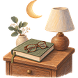 A closed diary on a nightstand under a crescent moon