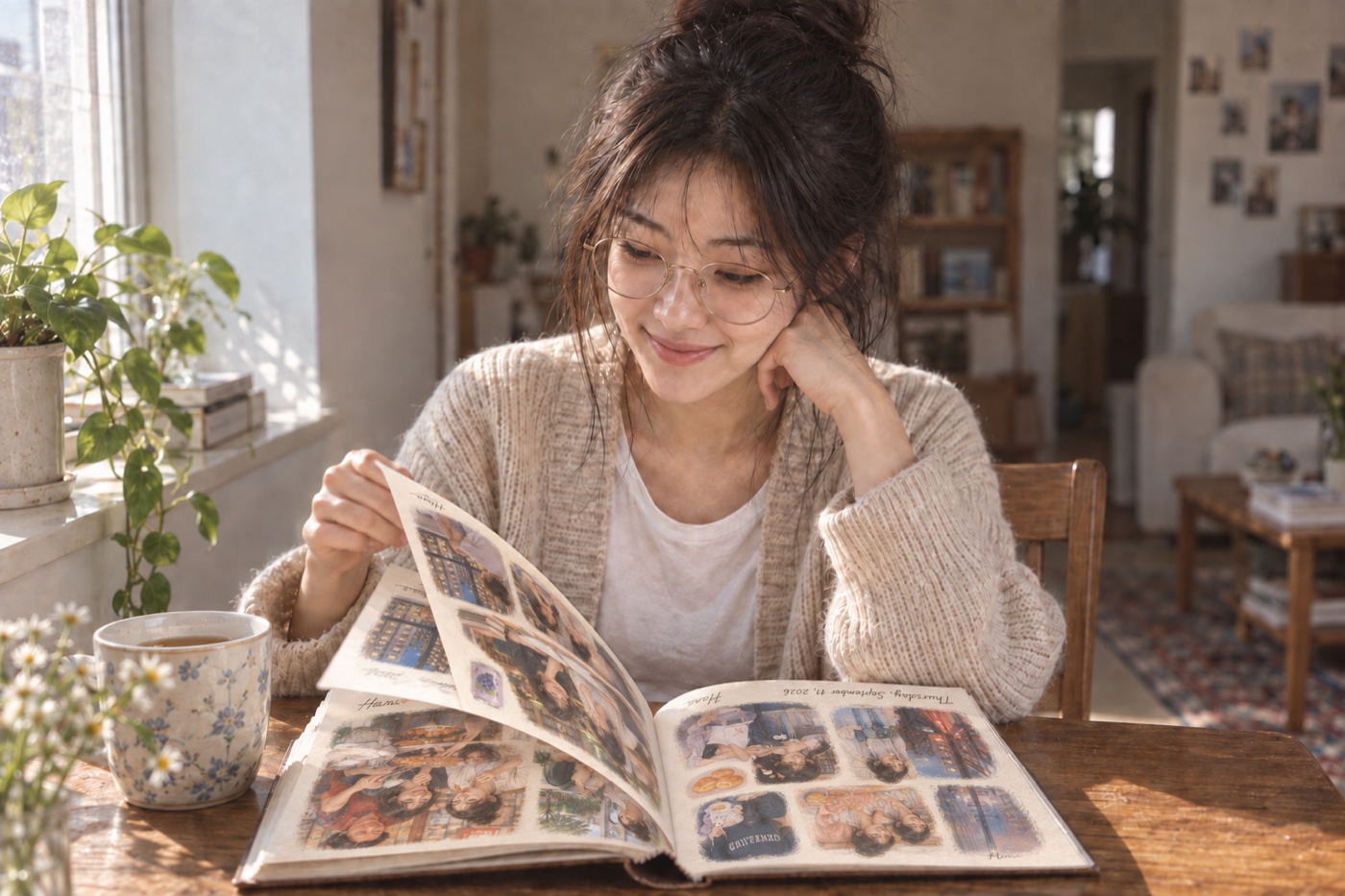 Hana at a sunny table, smiling as she turns the pages of her printed diary, each page one of her painted days