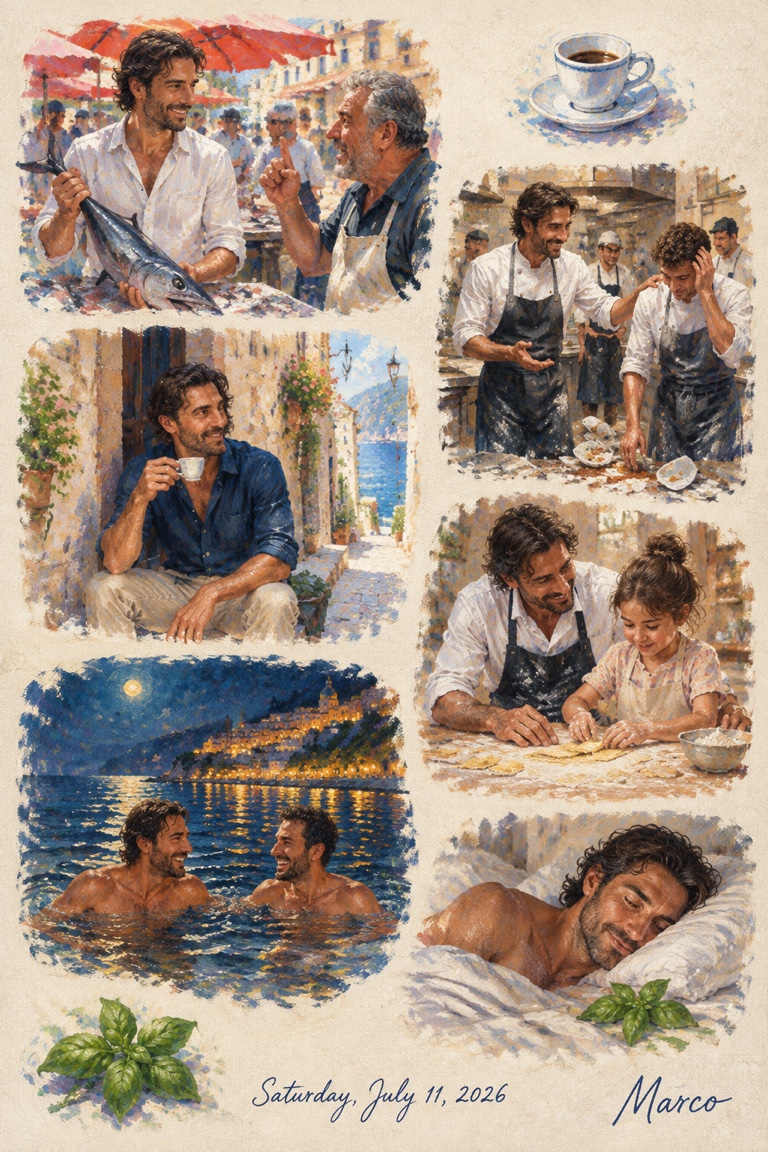 Marco's diary page painted in impressionist light: the market, the kitchen, the espresso, ravioli with Sofia, the swim and sleep