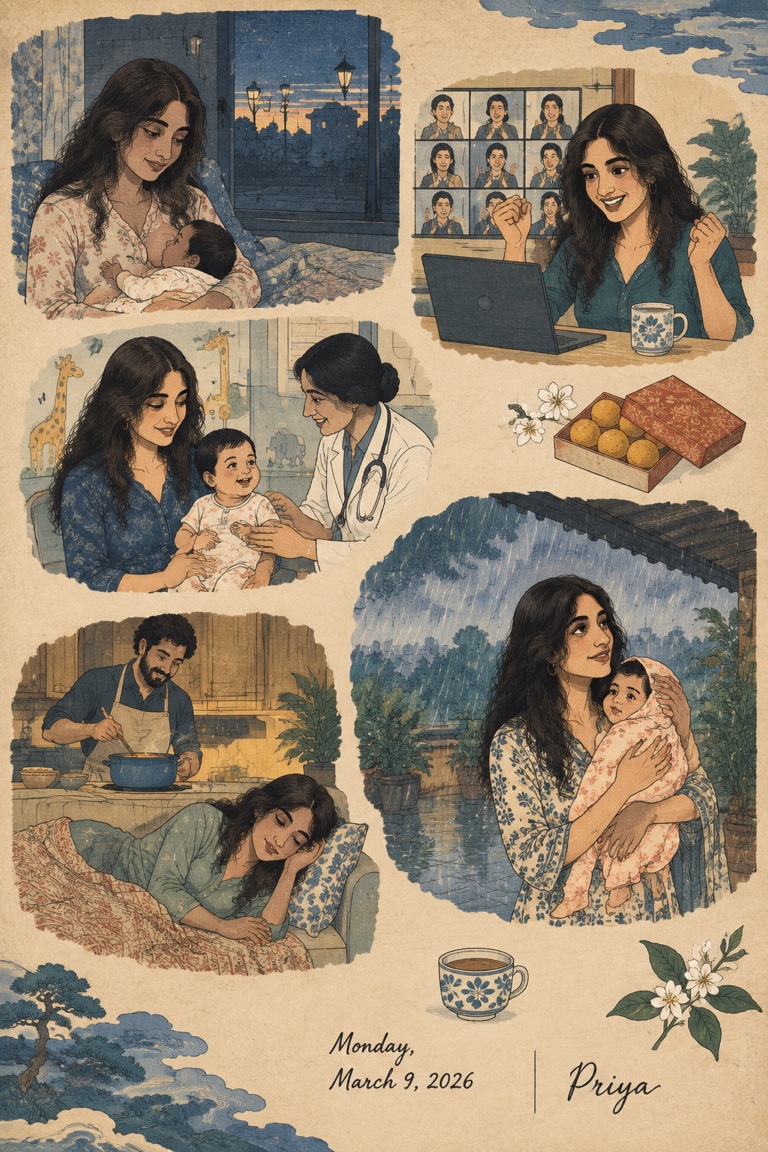 Priya's diary page painted as a ukiyo-e woodblock print: the feed at dawn, the standup, the pediatrician, the laddoos, the rain and the sofa
